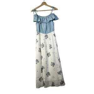 Boutique Blue Chambray Ruffle Cold Shoulder Floral Maxi Dress L